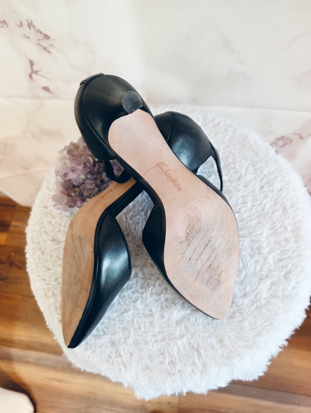 Clarks Collection Black Ankle Strap Heels Size 6.5 Comfort Kitten Heel 1" Work - Picture 8 of 9